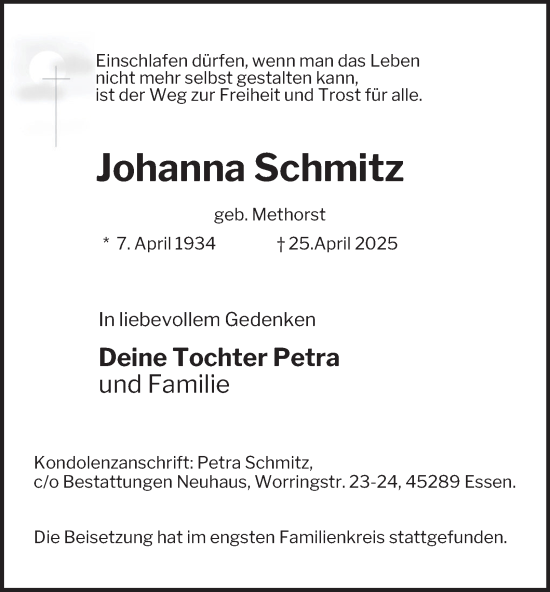 Traueranzeige von Johanna Schmitz von Tageszeitung