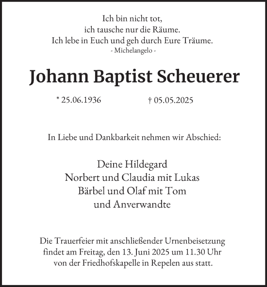 Traueranzeige von Johann Baptist Scheuerer von Tageszeitung