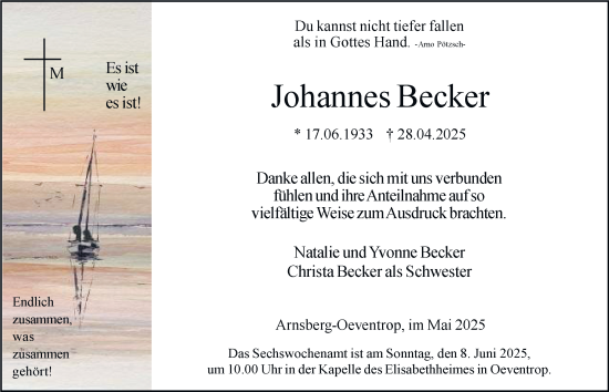 Traueranzeige von Johannes Becker von Tageszeitung