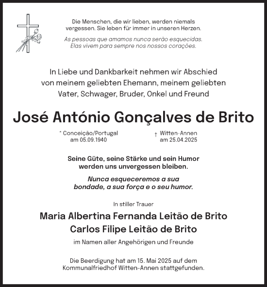 Traueranzeige von Jose Antonio Goncalves de Brito von Tageszeitung