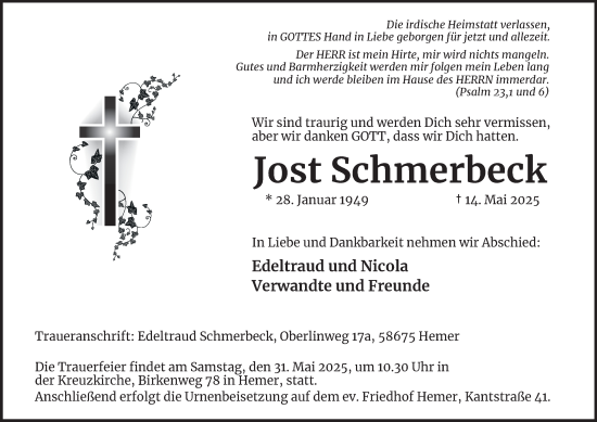 Traueranzeige von Jost Schmerbeck von Tageszeitung