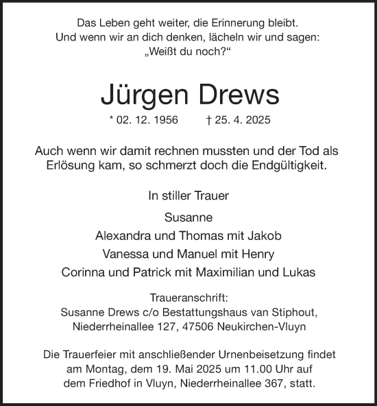 Traueranzeige von Jürgen Drews von Tageszeitung
