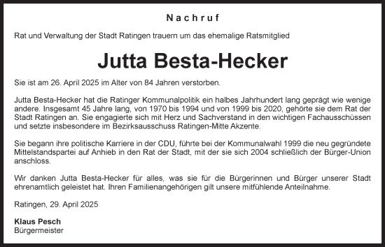 Traueranzeige von Jutta Besta-Hecker von Tageszeitung