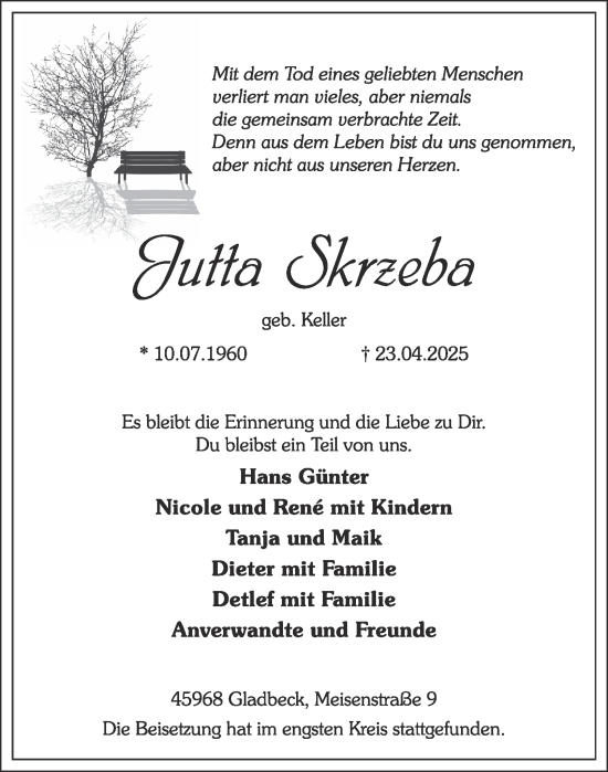 Traueranzeige von Jutta Skrzeba von Tageszeitung