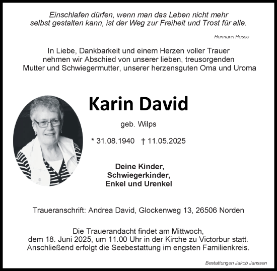 Traueranzeige von Karin David von Tageszeitung