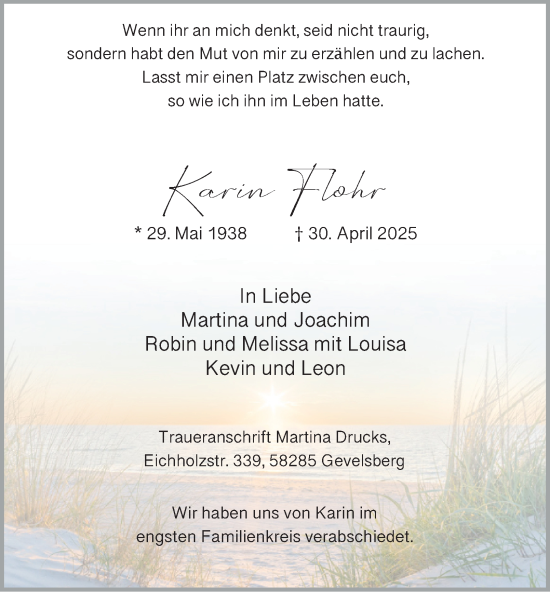 Traueranzeige von Karin Flohr von Tageszeitung