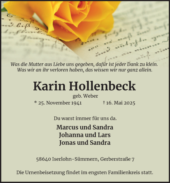 Traueranzeige von Karin Hollenbeck von Tageszeitung