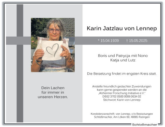 Traueranzeige von Karin Jatzlau von Lennep von Tageszeitung