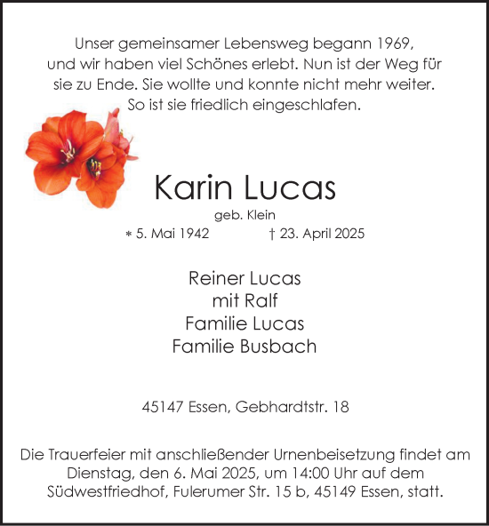 Traueranzeige von Karin Lucas von Tageszeitung