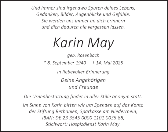 Traueranzeige von Karin May von Tageszeitung