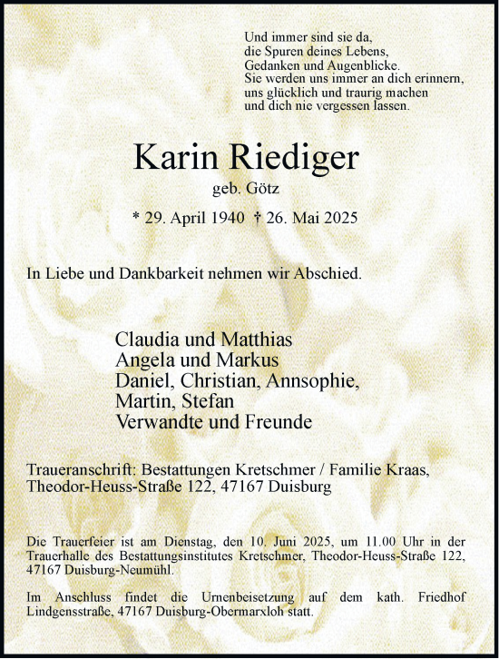 Traueranzeige von Karin Riediger von Tageszeitung