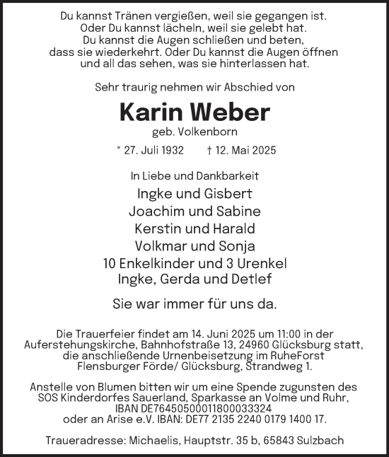 Traueranzeige von Karin Weber von Tageszeitung