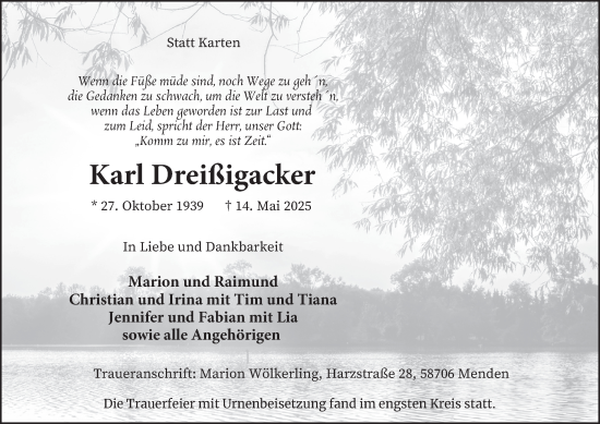 Traueranzeige von Karl Dreißigacker von Tageszeitung