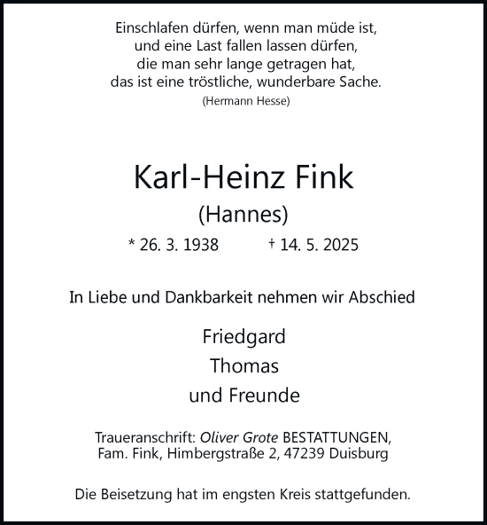 Traueranzeige von Karl-Heinz Fink von Tageszeitung
