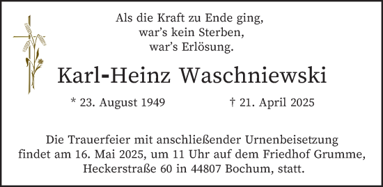 Traueranzeige von Karl-Heinz Waschniewski von Tageszeitung