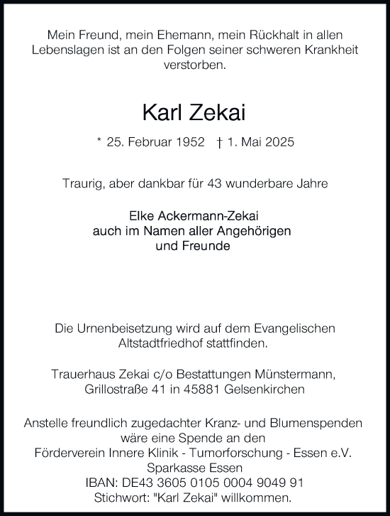 Traueranzeige von Karl Zekai von Tageszeitung