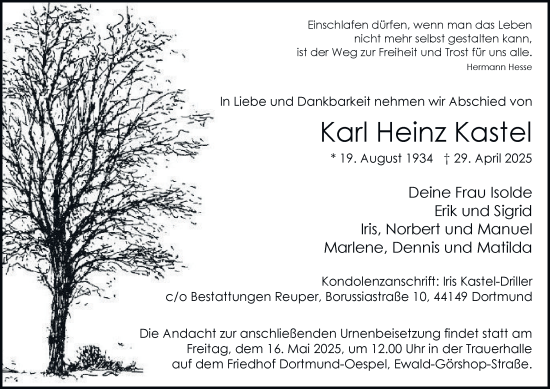 Traueranzeige von Karl Heinz Kastel von Tageszeitung