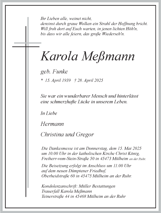 Traueranzeige von Karola Meßmann von Tageszeitung