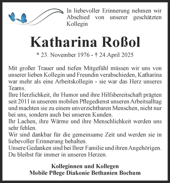 Traueranzeige von Katharina Roßol von Tageszeitung