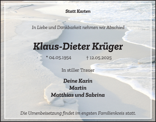 Traueranzeige von Klaus-Dieter Krüger von Tageszeitung