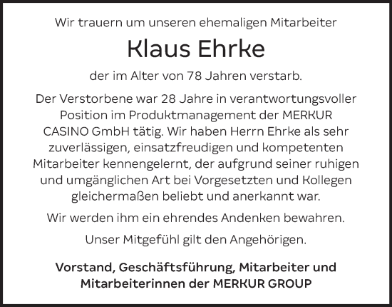 Traueranzeige von Klaus Ehrke von Tageszeitung