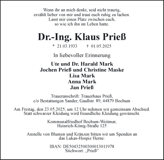 Traueranzeige von Klaus Prieß von Tageszeitung
