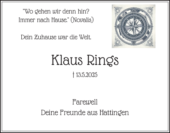 Traueranzeige von Klaus Rings von Tageszeitung
