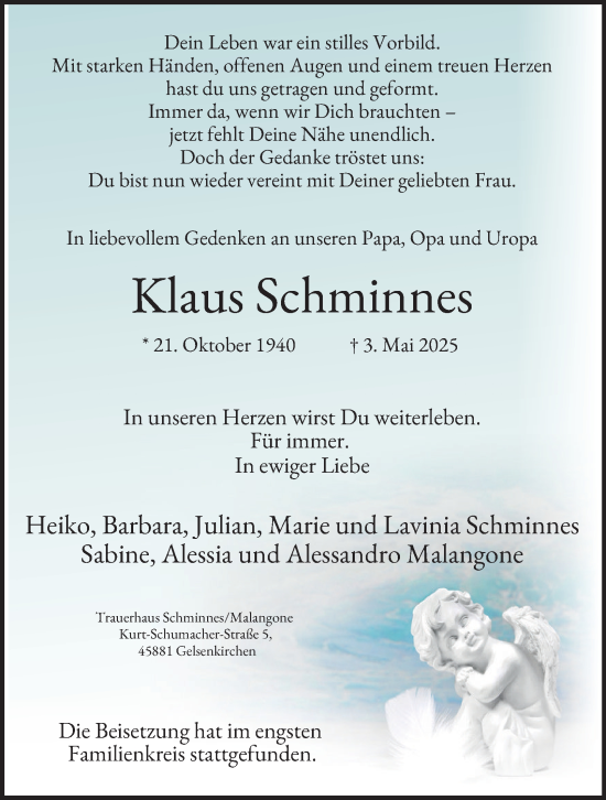 Traueranzeige von Klaus Schminnes von Tageszeitung