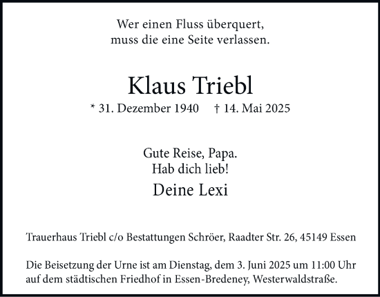 Traueranzeige von Klaus Triebl von Tageszeitung