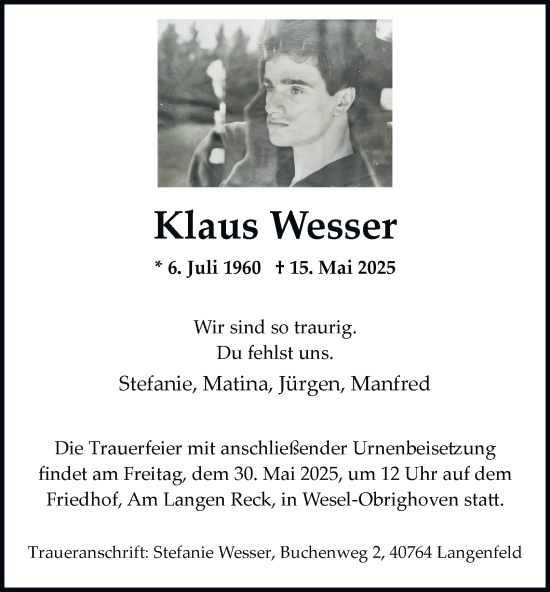 Traueranzeige von Klaus Wesser von Tageszeitung