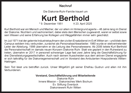 Traueranzeige von Kurt Berthold von Tageszeitung