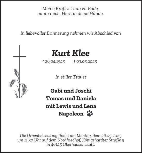 Traueranzeige von Kurt Klee von Tageszeitung