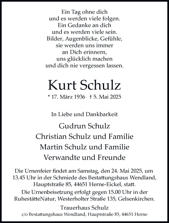 Traueranzeige von Kurt Schulz von Tageszeitung