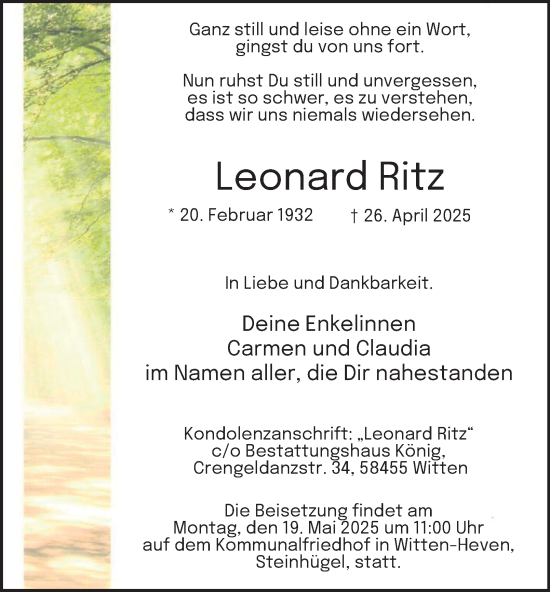 Traueranzeige von Leonard Ritz von Tageszeitung