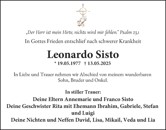 Traueranzeige von Leonardo Sisto von Tageszeitung