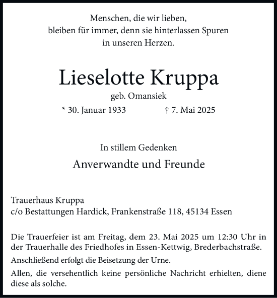 Traueranzeige von Lieselotte Kruppa von Tageszeitung