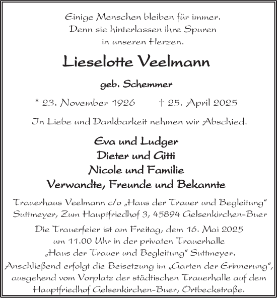 Traueranzeige von Lieselotte Veelmann von Tageszeitung