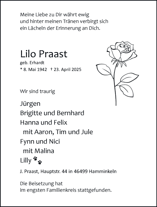 Traueranzeige von Lilo Praast von Tageszeitung