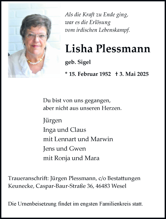 Traueranzeige von Lisha Plessmann von Tageszeitung