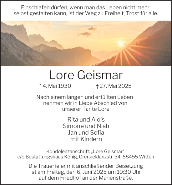 Traueranzeige von Lore Geismar von Tageszeitung
