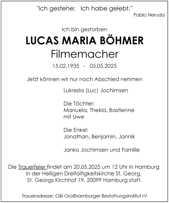 Traueranzeige von Lucas Maria Böhmer von Tageszeitung
