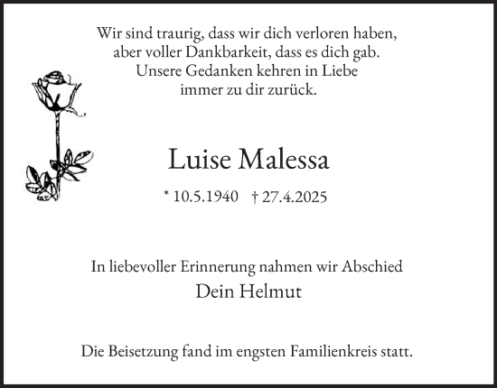 Traueranzeige von Luise Malessa von Tageszeitung
