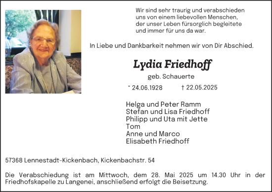 Traueranzeige von Lydia Friedhoff von Tageszeitung