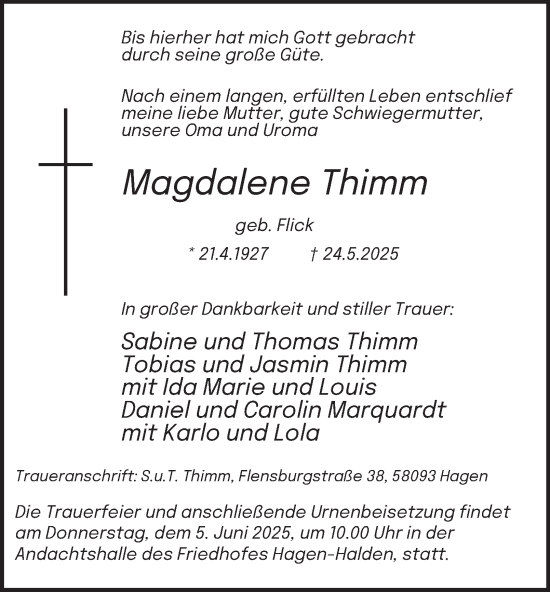 Traueranzeige von Magdalene Thimm von Tageszeitung