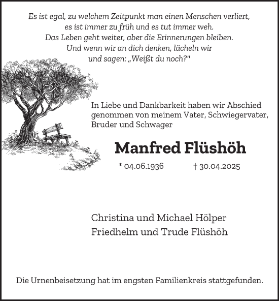 Traueranzeige von Manfred Flüshöh von Tageszeitung