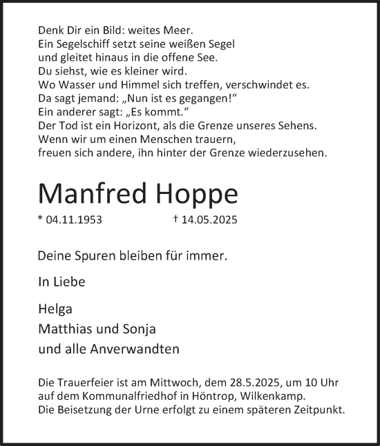 Traueranzeige von Manfred Hoppe von Tageszeitung