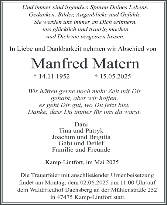 Traueranzeige von Manfred Matern von Tageszeitung