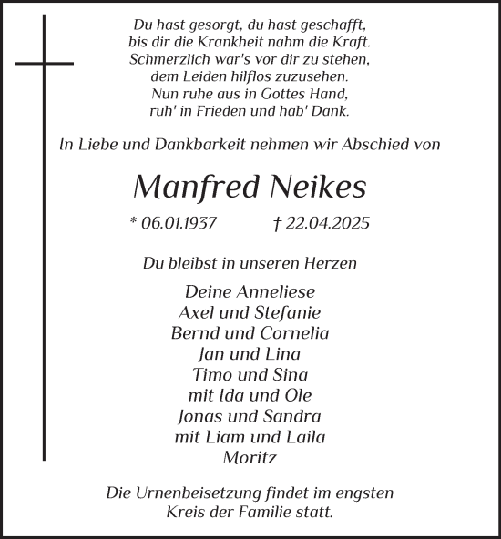 Traueranzeige von Manfred Neikes von Tageszeitung