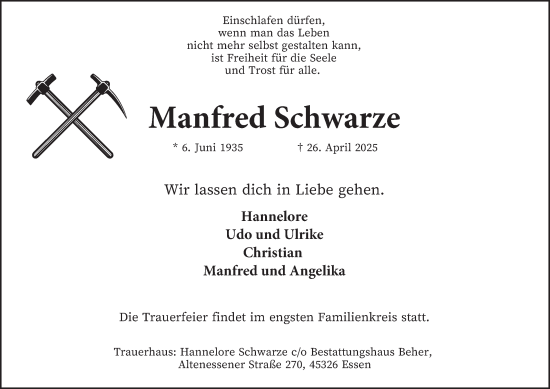 Traueranzeige von Manfred Schwarze von Tageszeitung