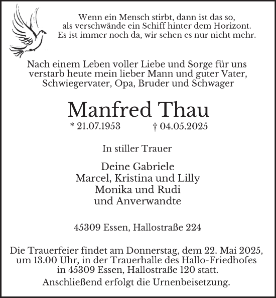 Traueranzeige von Manfred Thau von Tageszeitung